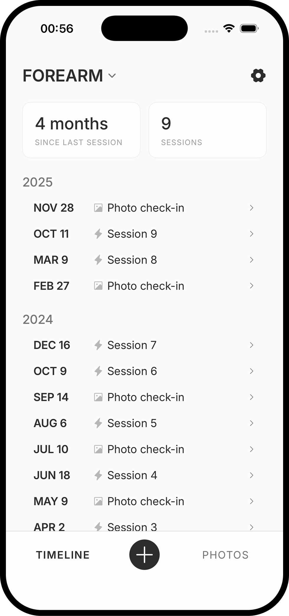 Timeline view showing sessions and photo check-ins
